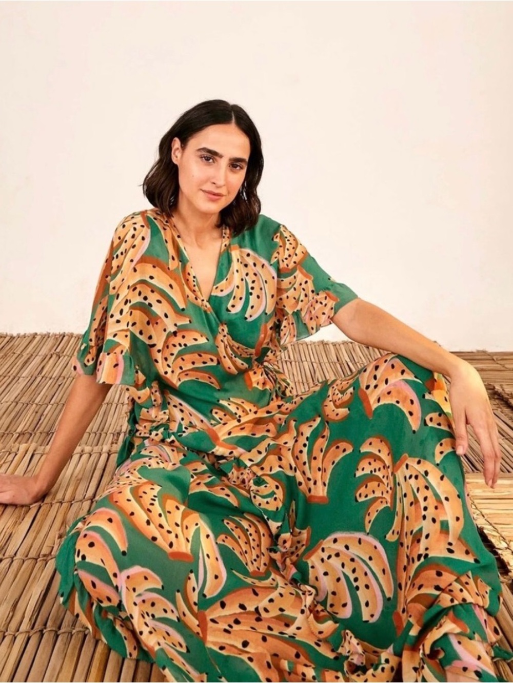 NWT FARM Rio Teal Wrap Midi Dress with Yellow Banana Print